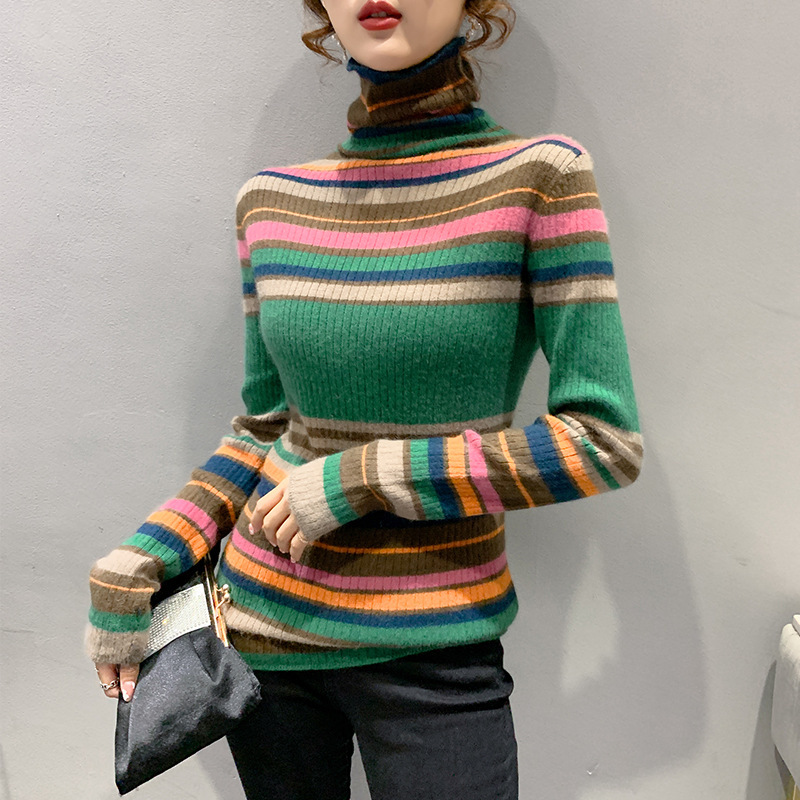 2021 Autumn and winter Western style Pile collar sweater Internal lap thickening lady new pattern Pile collar stripe Base coat