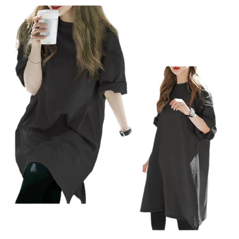 日本系韓国版カジュアルミディアムロング半袖上着通常ネット版ゆったり外着半袖tシャツ