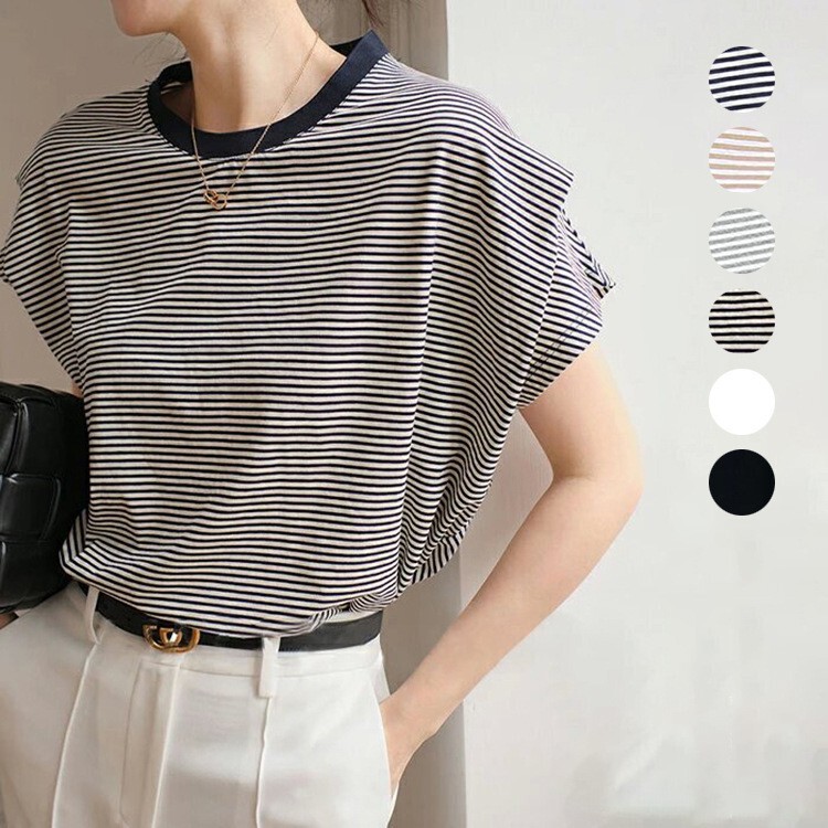 Japanese Rakuten Summer Women's Striped Solid Color Short Sleeve Rotator Sleeve Design Stereo Tailored Slim Fit Loose Cotton T-Shirt