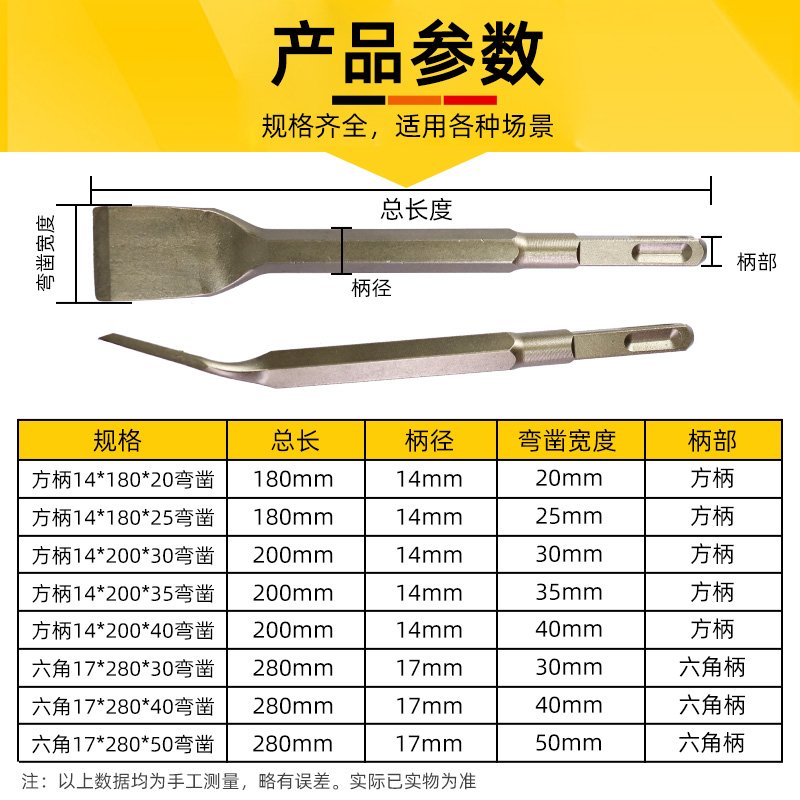 弯头电锤冲击钻头电镐头铲子方柄六角柄弯扁凿子镐钎凿开槽穿墙钻