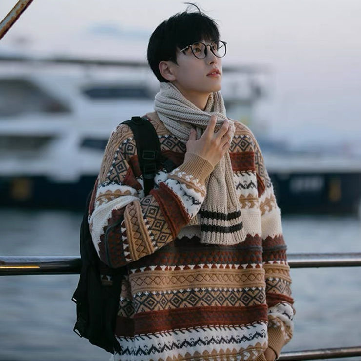 Fair Isle Christmas Sweater Men's Japanese Retro Lazy Style Thick Vintage Trendy Brand Inner Wear Winter Knitwear Wholesale