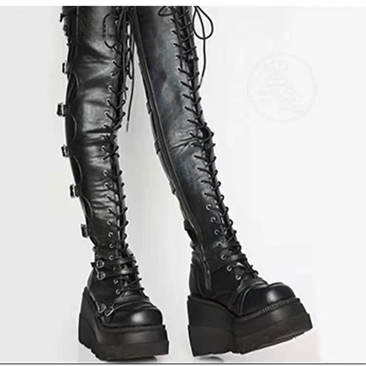 Cross-border plus size knee boots waterproof platform new European and American slope heel boots women's new foreign trade buckle Martin knight boots