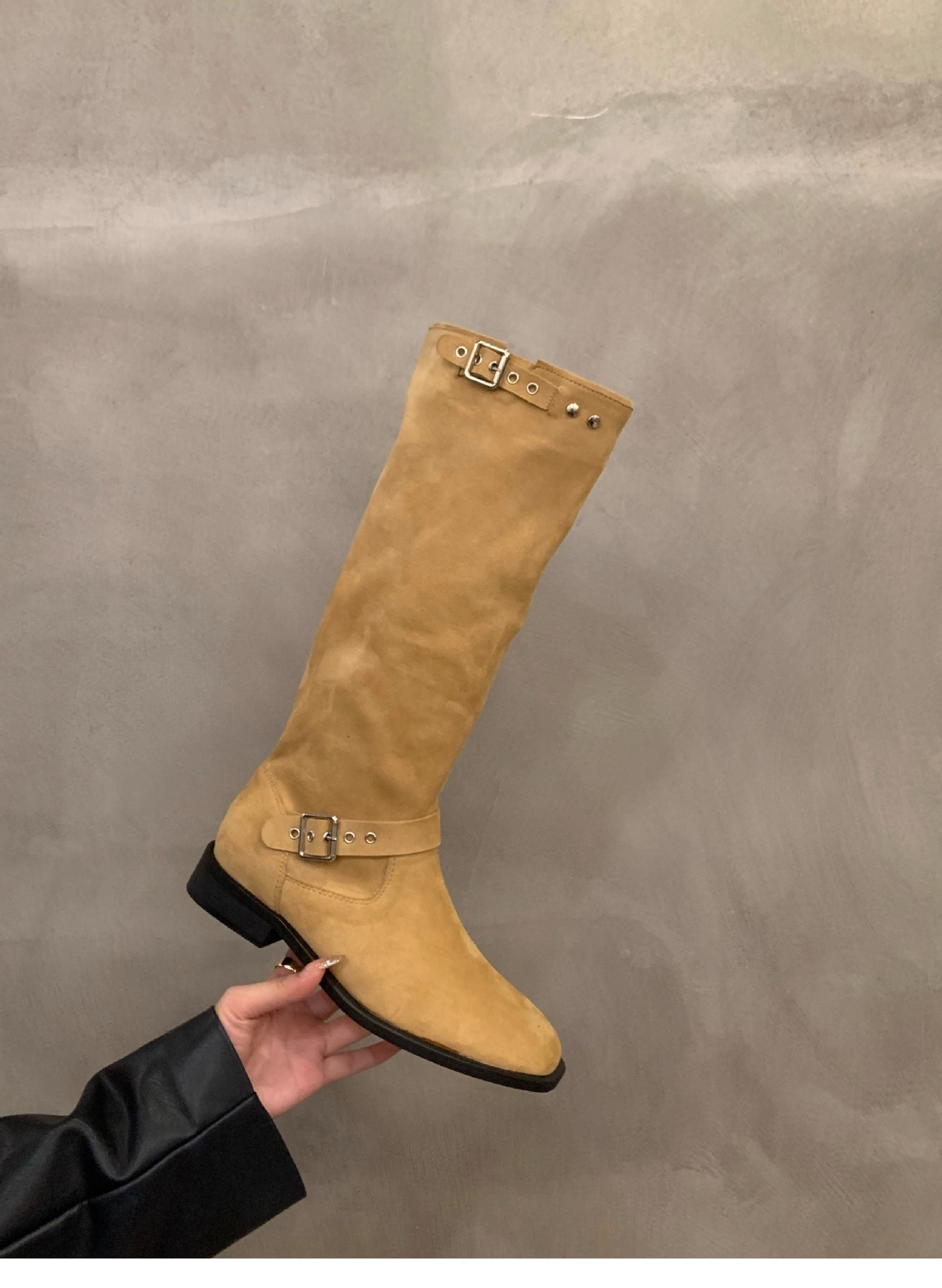 Dicker Absatz Khaki Mid Knight Damen Frühling und Herbst 2023 Neue Sommer-Wildleder-Langarmstiefel_voghion.com