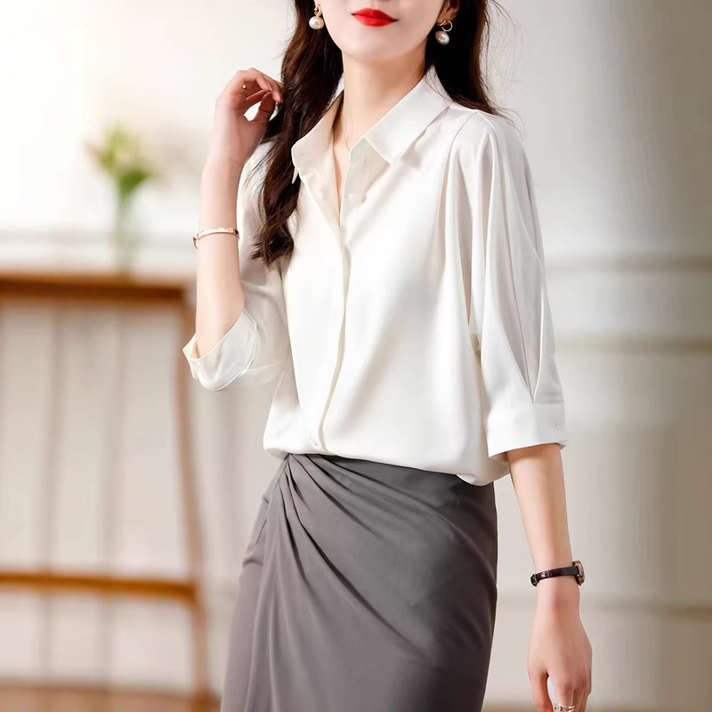 Heavyweight Pure Satin Shirt for Women 2026 Spring/Summer New Style, High-Quality Texture, Professional Wear, Acetate Five-Quarter Sleeve Top