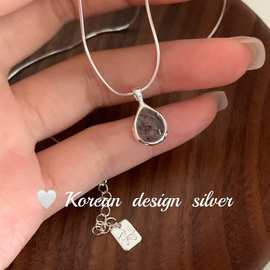 韩国东大门S925纯银项链女款高级设计感小众黑发晶水滴造型锁骨链