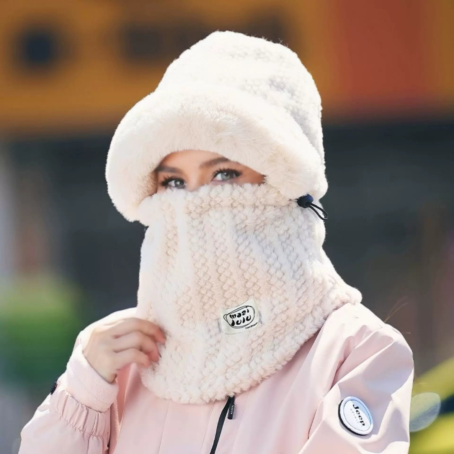 毛绒帽子围巾一体女冬季新款骑行保暖帽滑雪头套加绒加厚防寒防风
