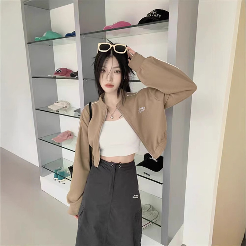 American Retro Shoulder Long-Sleeved Sports Short Sweater Coat Women's Autumn Little Hot Girl Jacket Cardigan Top