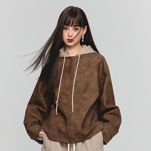 Autumn/Winter American Style Leather Jacket with Pockets, Biker Jacket, Hooded Sweatshirt, Unisex, High-end Feel