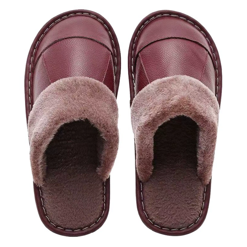 Домашние кожаные тапочки Кожаные тапочки с носками Теплая зимняя обувь для пар Домашние Противоскользящие тапочки из воловьей кожи