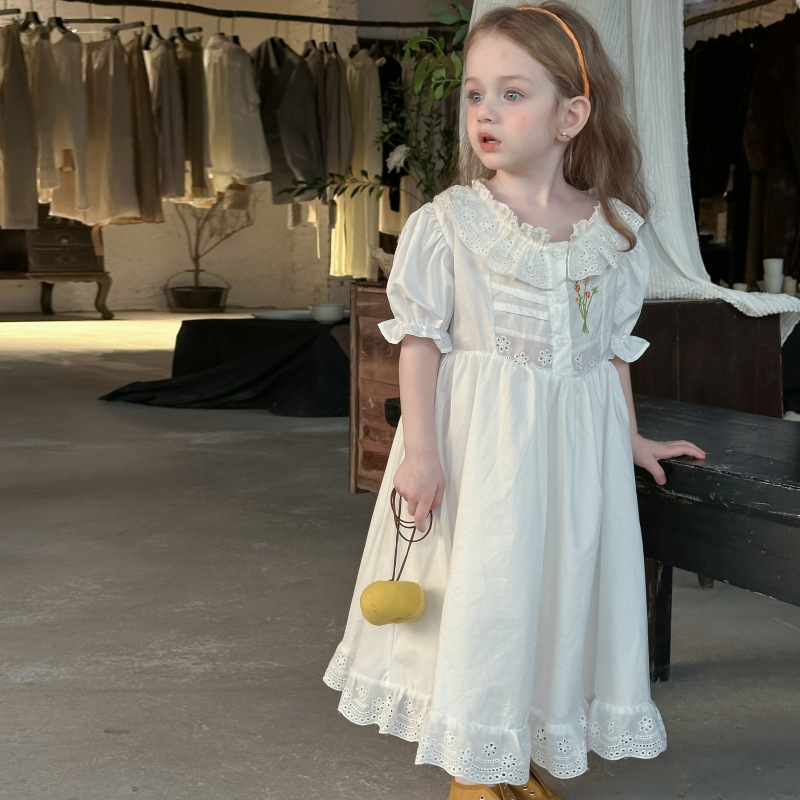 Korean Girls' Stylish Princess Dress with Lace Collar and Puff Short Sleeves, 2026 Summer New Embroidered Floral Dress