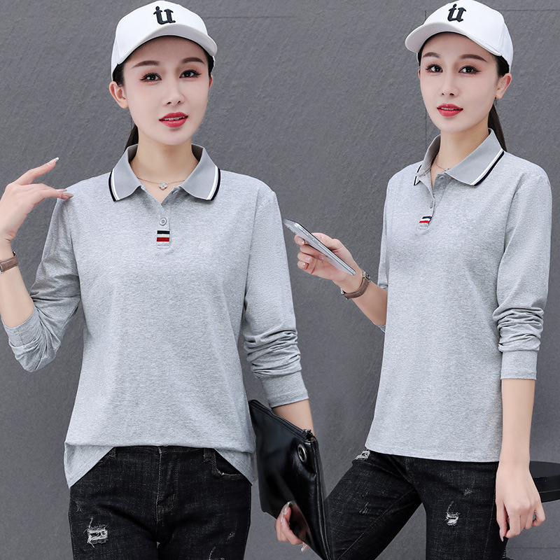 Long-Sleeved Pure Cotton T-Shirt for Women 2026 Spring and Autumn Collared Polo Base Shirt Sports Top Group Purchase Logo Printing Long-Sleeved Pure Cotton T-Shirt for Women 2026 Spring and Autumn Collared Polo Base Shirt Sports Top Group Purchase Logo Printing