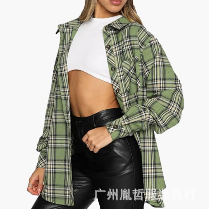 Amazon European and American Style Casual Trendy Autumn and Winter Plaid Lapel Loose Mid-Length Shirt Women's Cross-Border Foreign Trade Women's Clothing