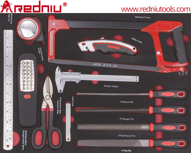 锉刀LED灯塞尺游标卡尺铁皮剪钢锯架钢直尺美工刀汽修工具组套