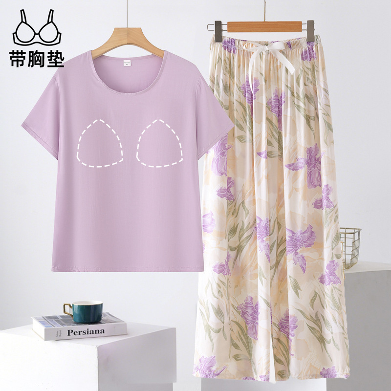 Cotton Silk Short-Sleeved Pants Suit with Chest Pads, Summer Thin Style Home Wear, Loose Plus Size Mom's Outfit, Breathable and Cool Cotton Silk Short-Sleeved Pants Suit with Chest Pads, Summer Thin Style Home Wear, Loose Plus Size Mom's Outfit, Breathable and Cool