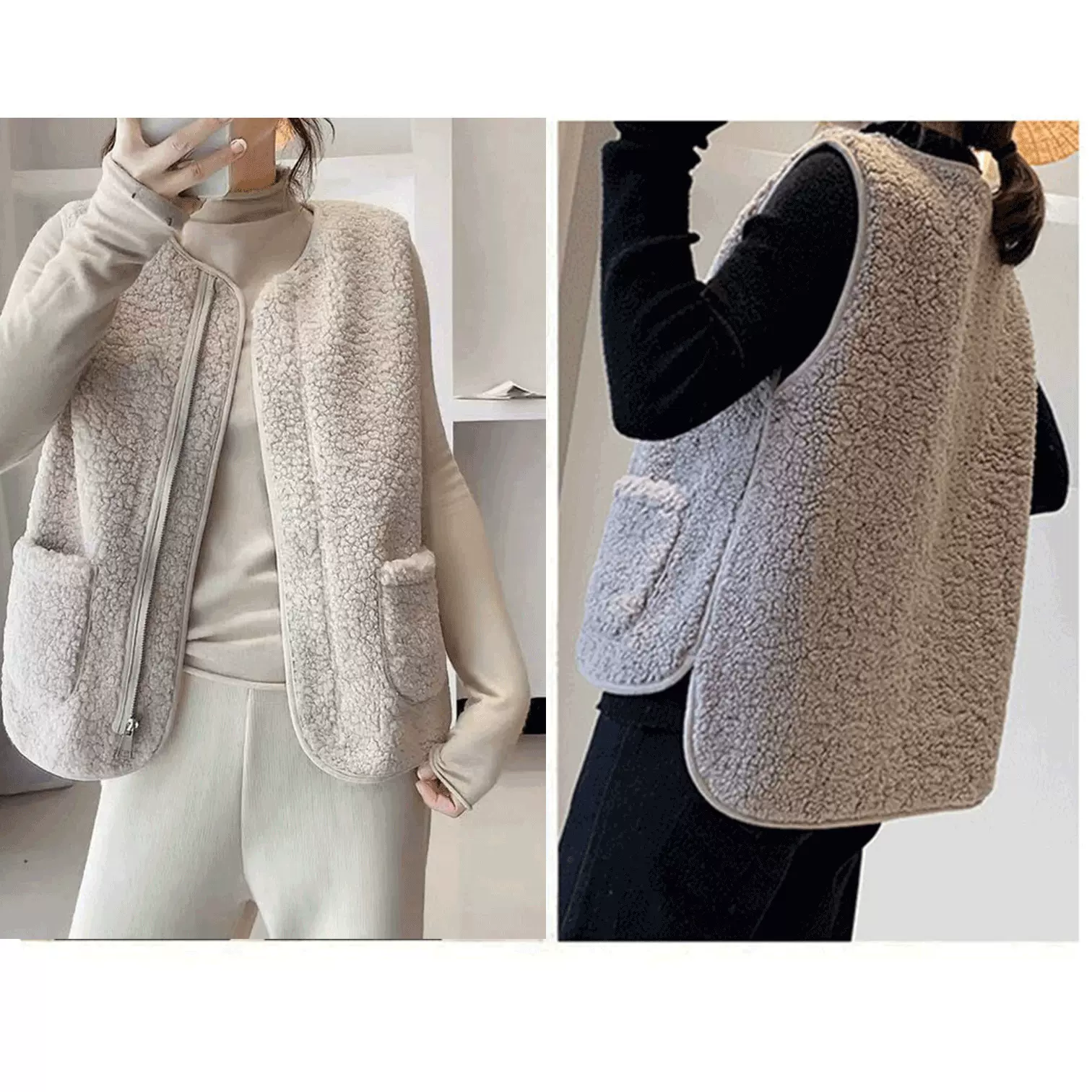 羊羔毛马甲背心女外搭秋冬简约保暖新款百搭外穿一体拉链马夹坎肩