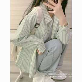 法式条纹衬衫女2026春秋款宽松日系复古小个子港风设计感小众上衣