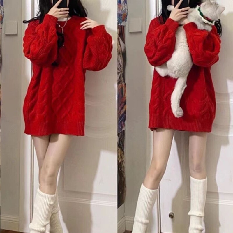 Red Christmas New Year Twist Sweater Women's Thick Autumn and Winter 2025 Small Outerwear Mid-Length Sweater