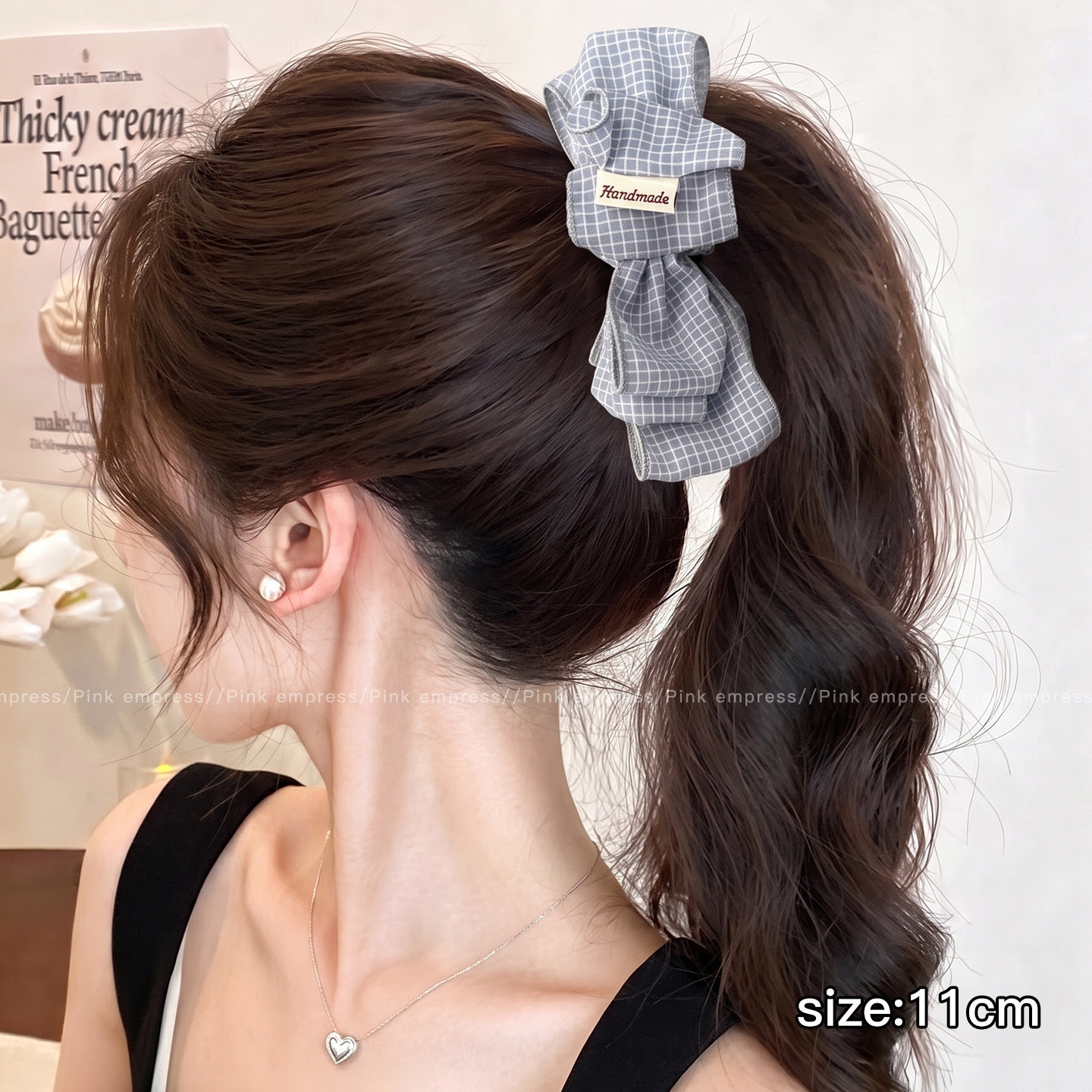 1# 연한 하늘색 체크 회색 테두리 레이어드 리본 바나나 클립 - 11cm