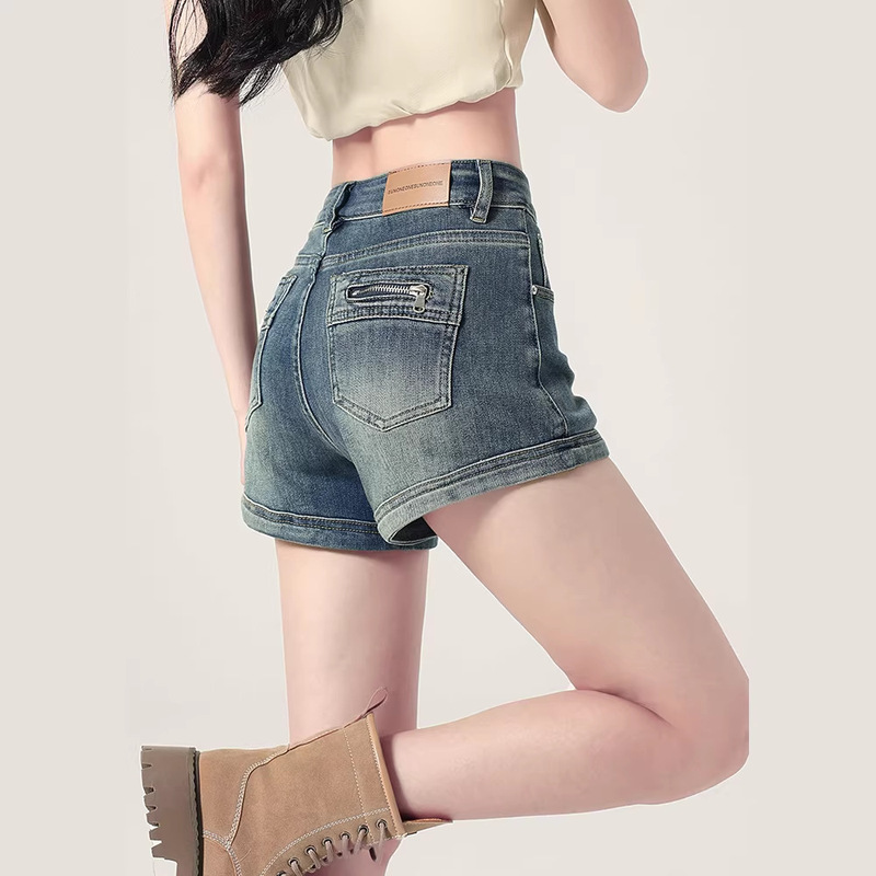 American Retro Zipper Denim Shorts for Women, Summer Sexy Low-Waist Slim Fit Hip-Hugging Hot Pants for Women