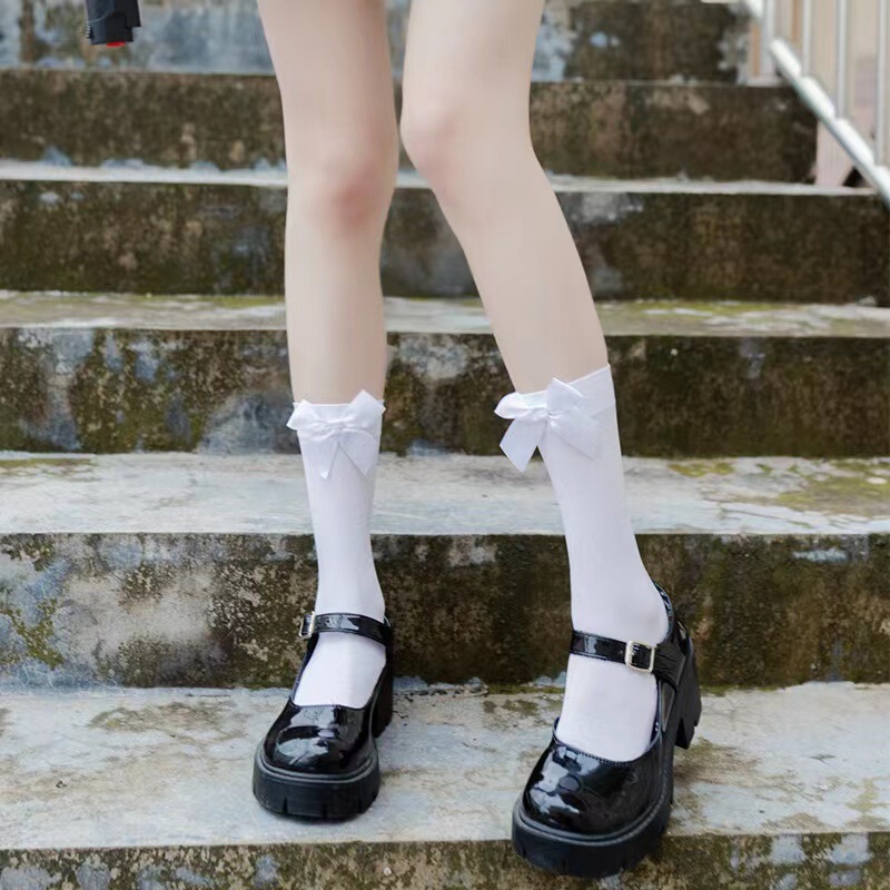 Japanese-Style Bowknot Spring and Autumn Black and White Calf Socks Jk Long Tube High Tube Socks Mid-Tube Long Socks Summer Thin College Style