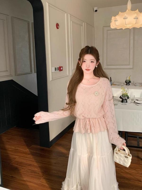 NMIOK 马海毛羊毛混纺针织上衣女2025新款韩系圆领收腰超好看毛衣|undefined