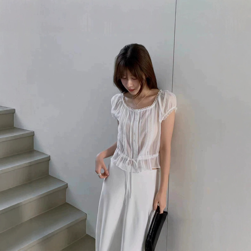Now Available: Mie*Le Casual Lace-Up Shirt, Korean Designer Women's Clothing, Lightweight and Slimming, Lace Short-Sleeve Korean-Style Top Now Available: Mie*Le Casual Lace-Up Shirt, Korean Designer Women's Clothing, Lightweight and Slimming, Lace Short-Sleeve Korean-Style Top