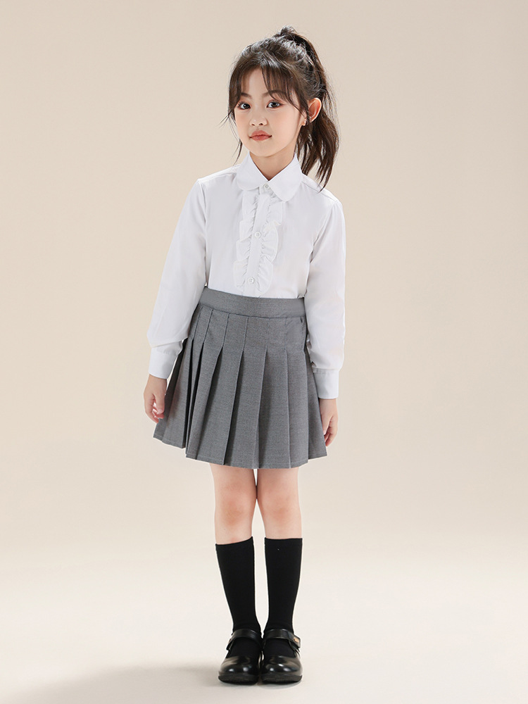 Falda plisada para niñas, traje de 2 piezas, camisa blanca con ramillete para niños, camisa de estilo universitario para niñas, traje de primavera y otoño