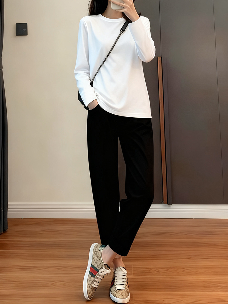 50-Count Water-Soft Cotton Double-Sided Long-Sleeved T-Shirt for Women Xinjiang Long-Staple Cotton 7A Antibacterial Pure Color Round Neck Bottoming Shirt White t Third Generation