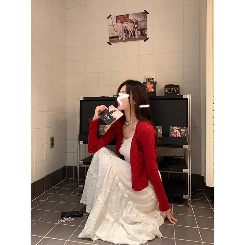红色镂空短款开衫女2025秋冬薄款外套长袖针织上衣|undefined