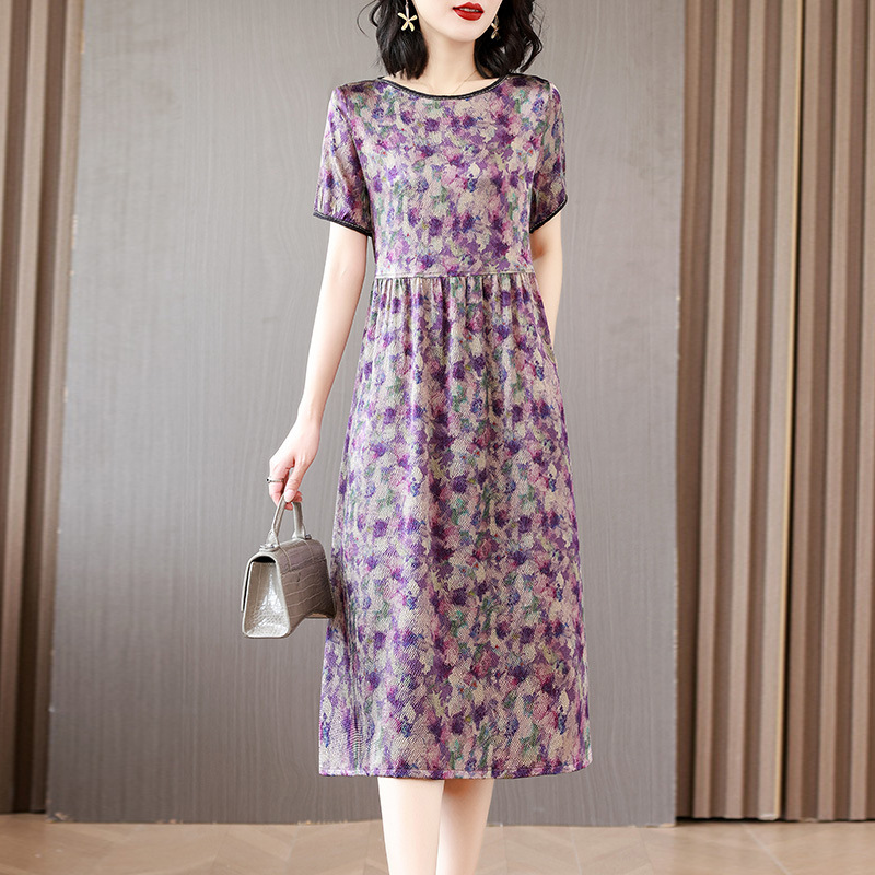 Floral Hangzhou Silk Dress Women's Summer New Style Mother's Style High-End Mulberry Silk Mid-Length Skirt
