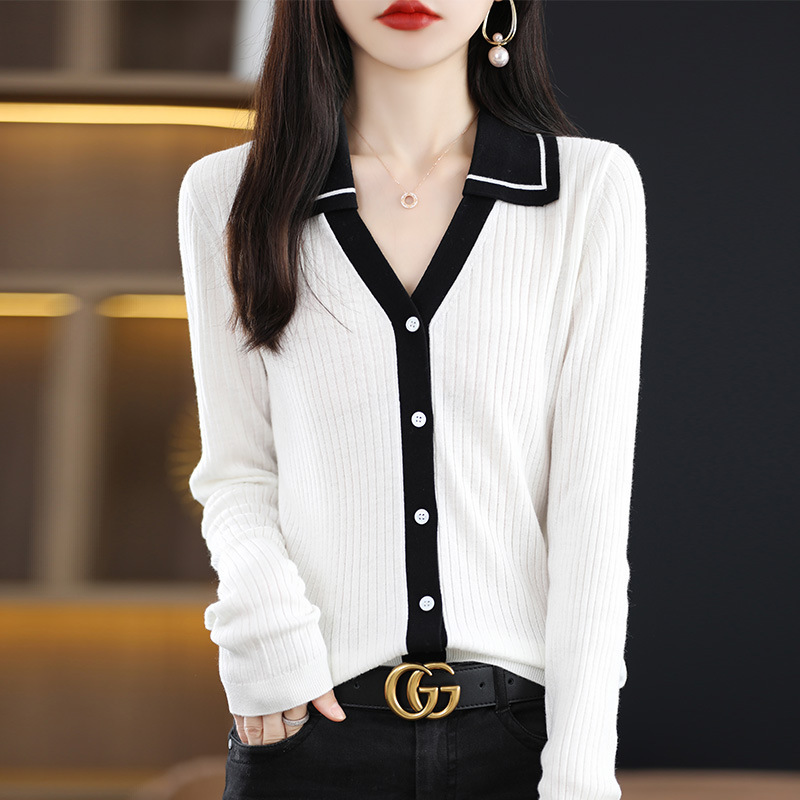 Polo Collar Color Block Knitwear for Women 2024 New Wool Cardigan Slim Fit Knitwear for Women Spring & Fall Soft Waxy Top