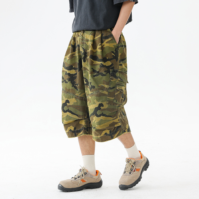 American-Style Heavyweight 7-Point Camouflage Multi-Pocket Washed Cargo Pants Unisex Loose Cropped Pants Men's Cargo Shorts