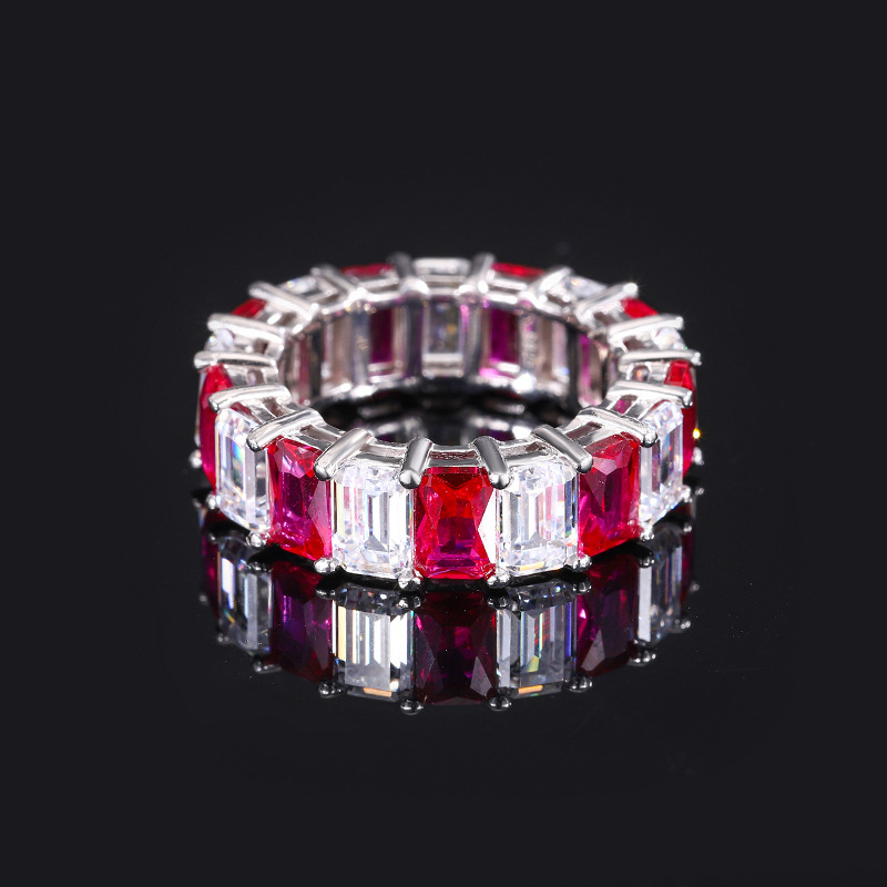 Zhuang sheng joyería S925 todo el cuerpo de plata de la venta caliente de color de la simulación del tesoro rojo corindón piedra de dos colores anillo de la fila retro anillo 4*6