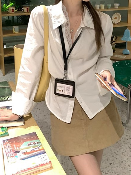 高智風長袖襟付き白いシャツ女性春のレトロな重ね着デザイン感|undefined