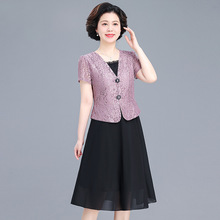 妈妈夏装洋气蕾丝短袖连衣裙中老年女夏季假两件气质遮肚显瘦裙子
