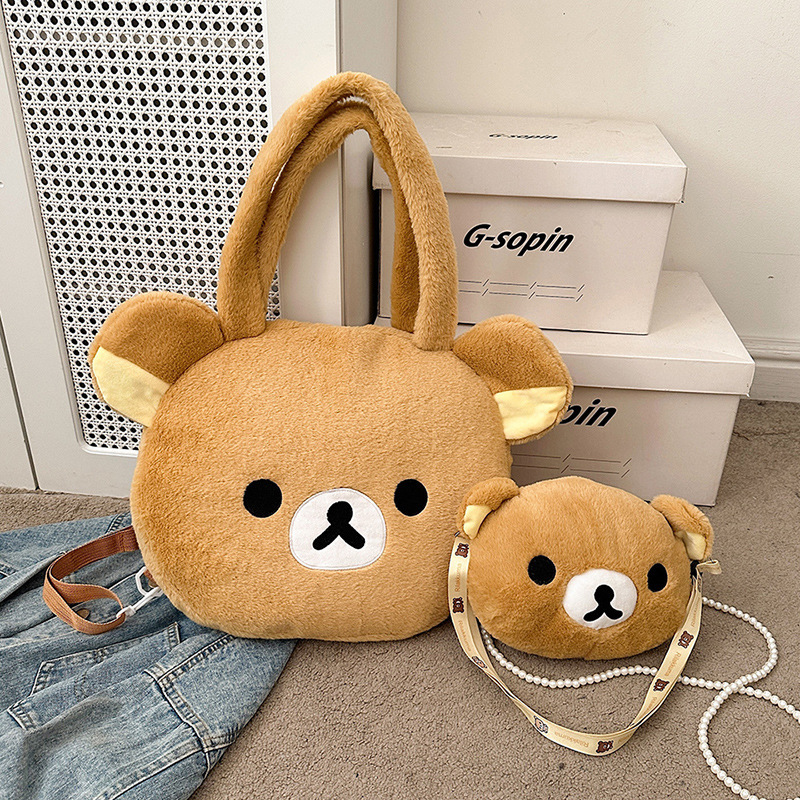 Foreign Trade Large Capacity Cute Cartoon Bear Plush Tote Bag 2024 Autumn and Winter New Contrast Color Shoulder Kongsong Bear Crossbody Bag