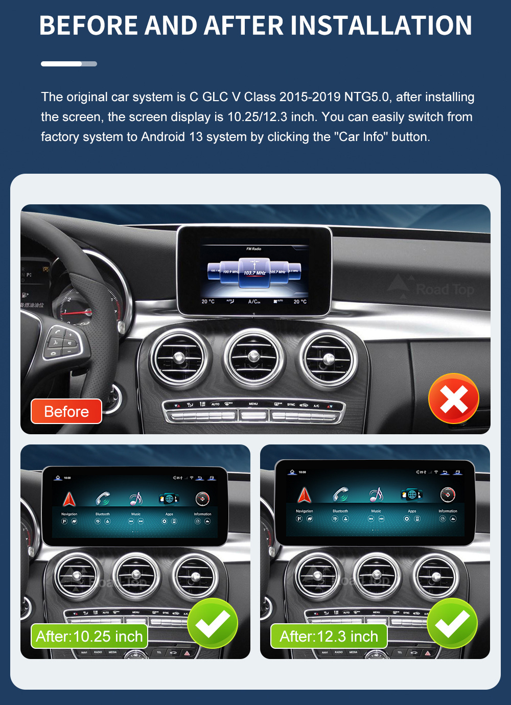 10.25 "Android 13 Car Android Screen for Mercedes-Benz C- Class W205/GLC/V-Class W447 NTG5.0