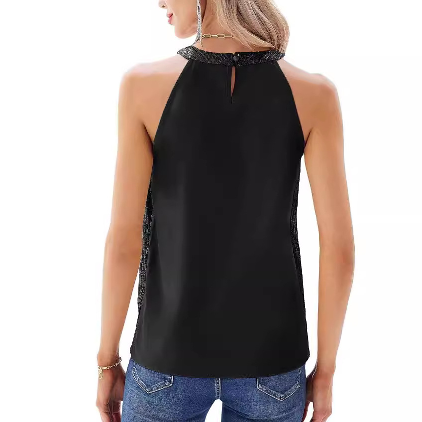 Top da donna con scollo rotondo e allacciatura al collo, con paillettes, collezione primavera/estate 2026 di Independent Station, stile europeo e americano._voghion.com