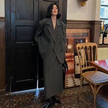 灰色长袖西装外套女2025年春季小个子韩版休闲盐系气质长裙两件套