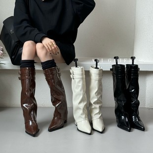 Korean Fashion Pants Boots Pointed Thin Mid-Heel Boots But Knee Temperament All-Match Belt Buckle Sleeve Fashion Boots
