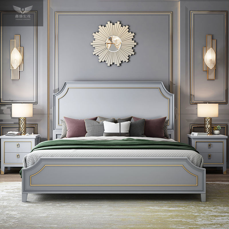 Cama de estilo americano de lujo ligero de madera maciza, cama de cama blanca, cama de matrimonio, 1.8m, cama doble moderna y simple, 1.5m