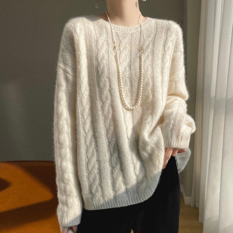 Soft and Skin-Friendly! 75% Cashmere, 25% Mulberry Silk, Double-Stranded, Thick Twisted Pattern, Lazy Style, Loose and Thick Sweater for Women Soft and Skin-Friendly! 75% Cashmere, 25% Mulberry Silk, Double-Stranded, Thick Twisted Pattern, Lazy Style, Loose and Thick Sweater for Women