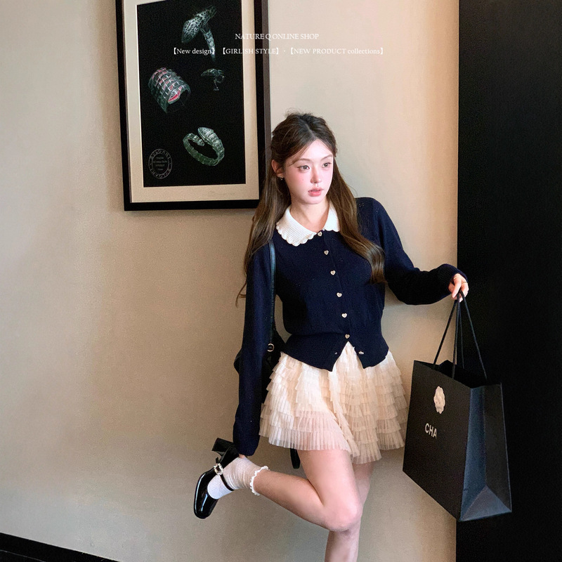 Navy Blue Contrasting Color Doll Collar Knitted Cardigan for Women Spring, Autumn and Winter Inner Wear 2025 New Petal Design Long-Sleeved Top