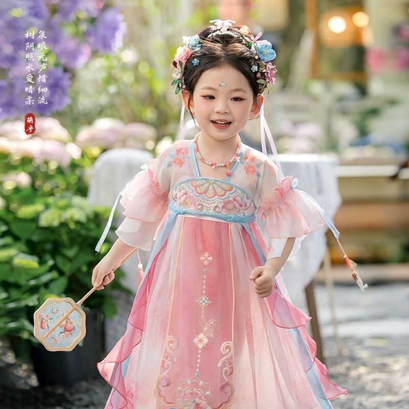 2025 New Style Girls' Hanfu Fairy-Like Ancient Style Short-Sleeve Cute Daily Dress for Little Girls