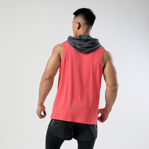 Adult Hooded Sleeveless T-Shirt Men Striped Sporty Casual Quick-Dry Top Fitness Running Backless Shirt