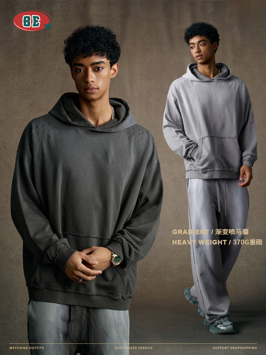 Sudadera Holgada para Hombre BE, Estilo Americano Otoño 2025, Marca de Moda, Estilo Urbano, Batik Lavado, Degradado, Desgastado