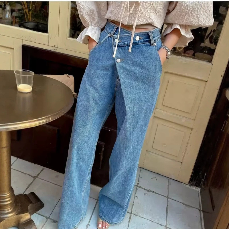 Cross-Border European and American Aliexpress Asymmetric Buckle Design Jeans Washed Solid Color Loose Straight Denim Pants Foreign Trade