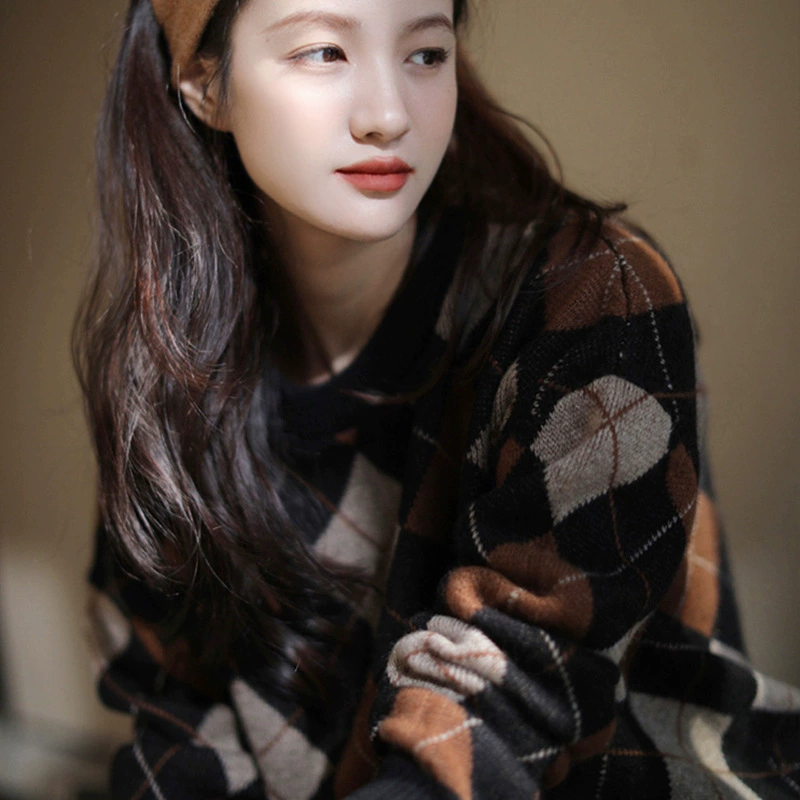 Женский шерстяной вязаный свитер в клетку с круглым вырезом на осень и зиму, женский топ с длинными рукавами, теплый зимний стеганый свитер для женщин