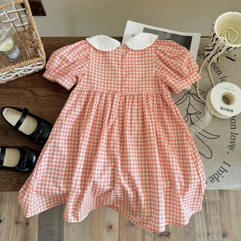 Xianning siete ropa para niños 25 nuevos vestidos para niñas Xia Yang Qi niña versión coreana del bordado a cuadros para niños mangas abullonadas