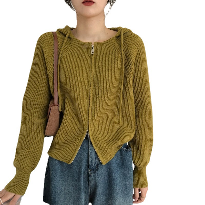 (2개) 여성용 지퍼 후드 니트 가디건, 여성용 복고풍 일본식 게으른 스타일 스웨터 재킷, 가을, 겨울 디자인, 짧은 스타일